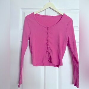 Pink Ribbed Button-Up Women's Top cardigan Pointelle